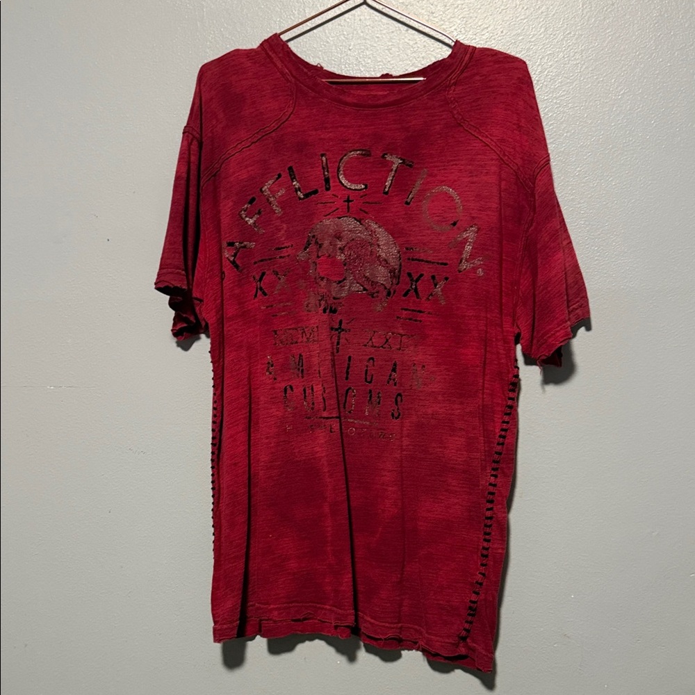 Affliction Red Distressed Skull Graphic Tee